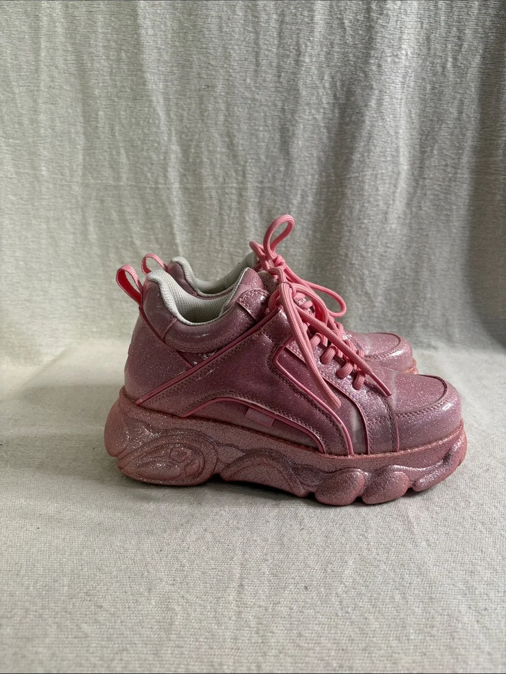 Buffalo London Corin Chunky Baby Pink Glitter Platform Sneakers